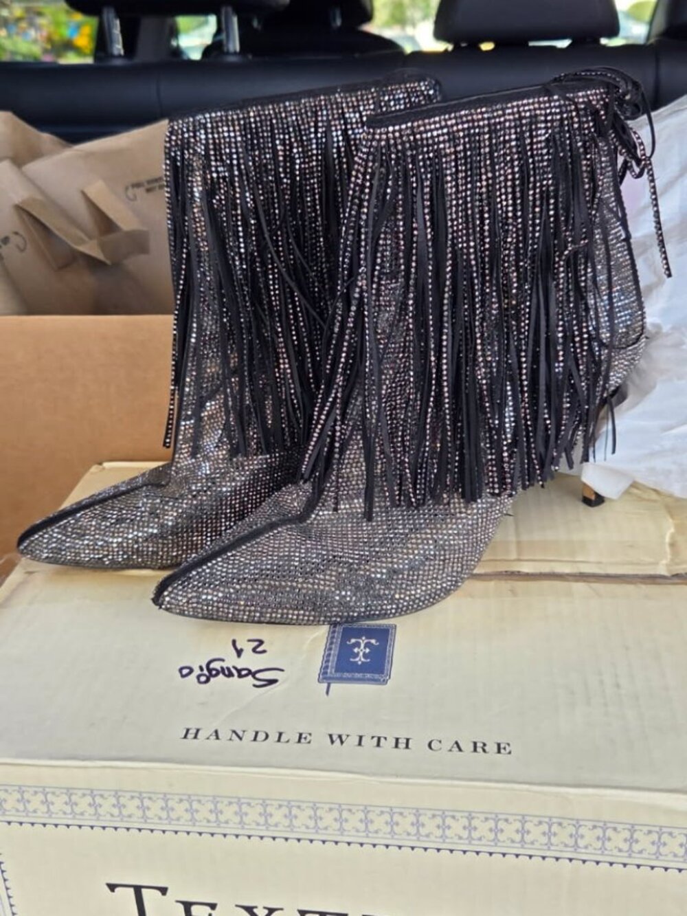 INC Pewter/Black Rhinestone Fringed Ismeria Pointed Toe Stacked Heel Zip Boot  8